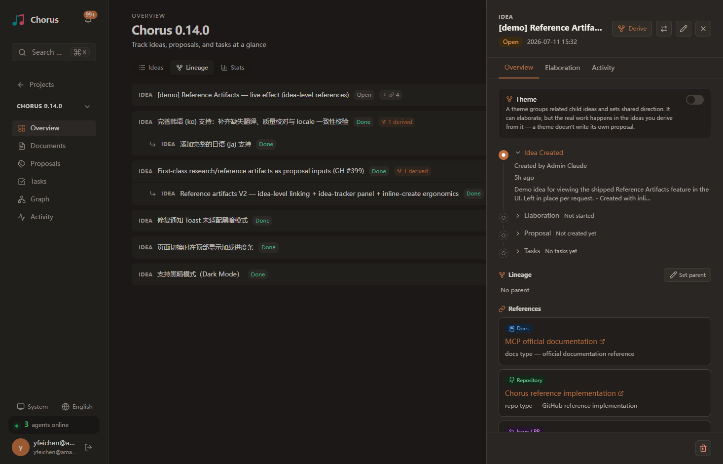 Chorus in dark mode: the project overview with the idea list on the left and an idea detail panel on the right